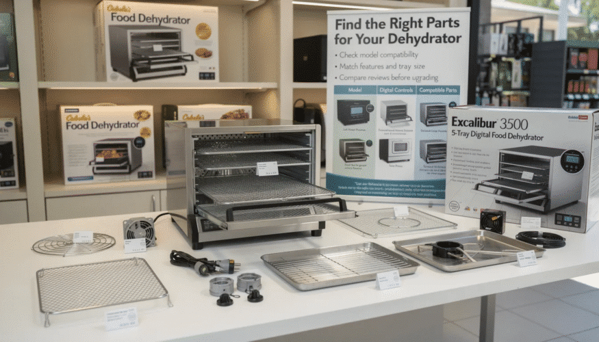 The image showcases various replacement parts and accessories for popular dehydrator models available at Cabela's, including trays and racks designed for specific units. It emphasizes the importance of checking compatibility to ensure successful repairs and optimal performance of your dehydrator.