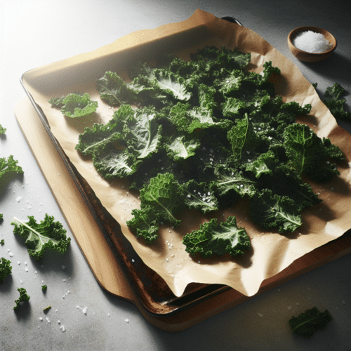 Crispy dark green kale chips on a baking sheet, lightly sprinkled with sea salt and nutritional yeast, set on a simple kitchen countertop.