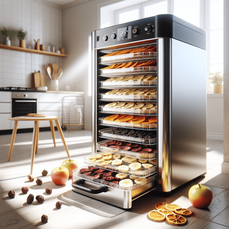 a sleek silver food dehydrator in a kitchen