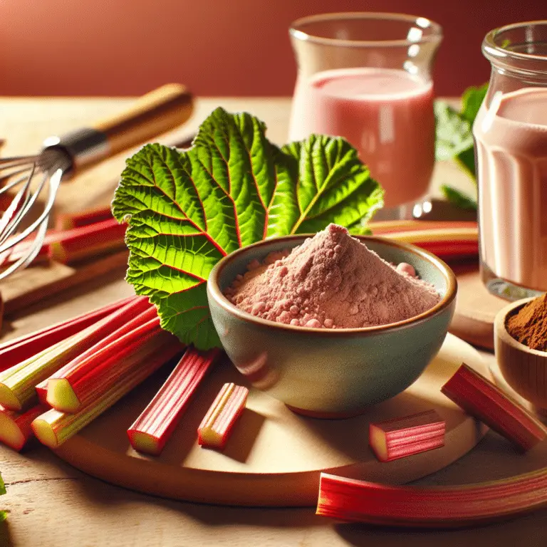 A display of rhubarb powder uses, featuring rhubarb powder in a bowl with fresh rhubarb, a whisk, smoothie glass, and face cream jar.
