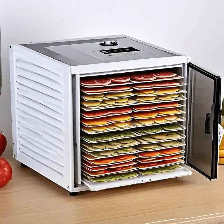 A sleek silver food dehydrator on a wooden table