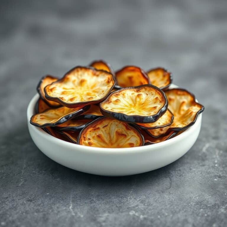 Dehydrated eggplant chips in a white bowl, showcasing the result of 'how to dehydrate eggplant' for a crunchy and nutritious snack option.