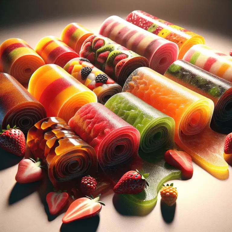different fruit leathers rolled up next to fruits such as strawberries, peaches
