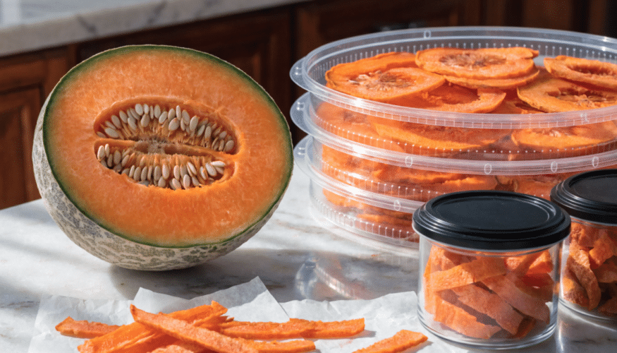 A sliced cantaloupe next to dehydrator trays.