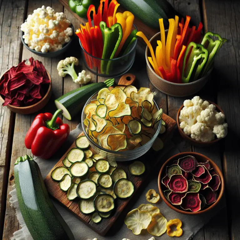 Selection of healthy veggie snacks including zucchini chips and beetroot crisps