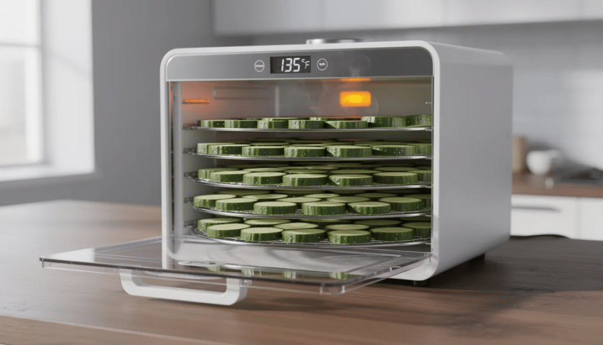 The image shows a food dehydrator filled with thin cucumber slices arranged in a single layer on dehydrator trays, ready to be transformed into crunchy cucumber chips. Various seasoning options like garlic powder and sea salt are nearby, hinting at the flavorful enhancements for making delicious dehydrated cucumber snacks.