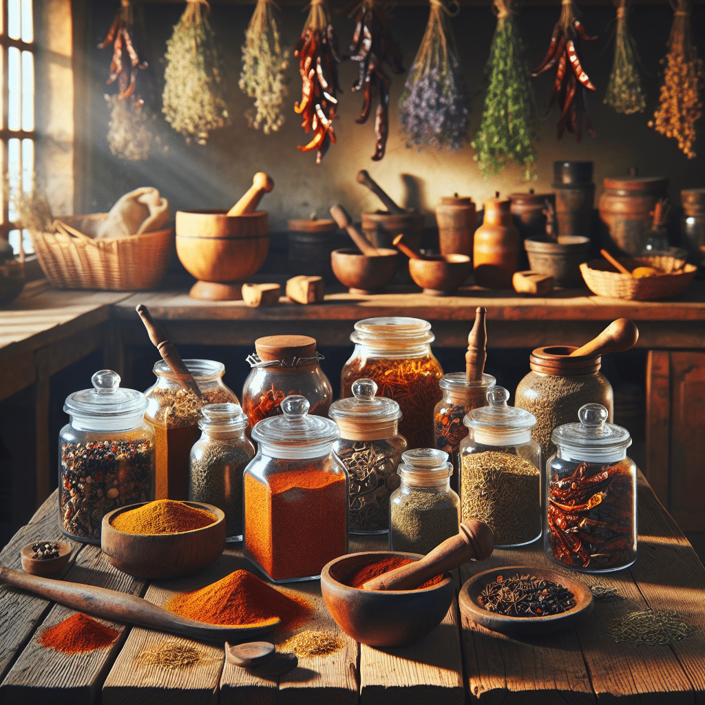 An assortment of colorful herbs and spices displayed in decorative jars, showcasing DIY seasoning blends for culinary creativity.