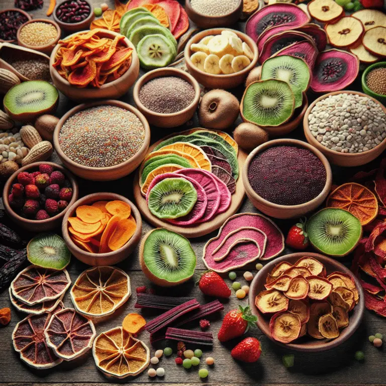 An array of colorful dehydrated gluten-free snacks and meals displayed artistically, showcasing the vibrant variety of healthy ingredients.