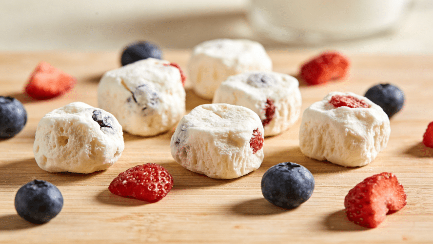 Fruit next to Dehydrated Yogurt bite.