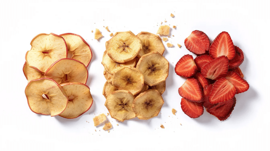 The image features a variety of colorful fruit chips, including vibrant apple, banana, and strawberry slices, showcasing their crispy texture and delicious flavor. These gluten-free snacks are perfect for on-the-go meals or as a healthy addition to your food planning.