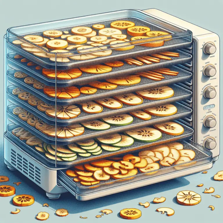 A variety of dehydrated fruits and vegetables arranged attractively on a wooden background, showcasing the benefits of using a food dehydrator.
