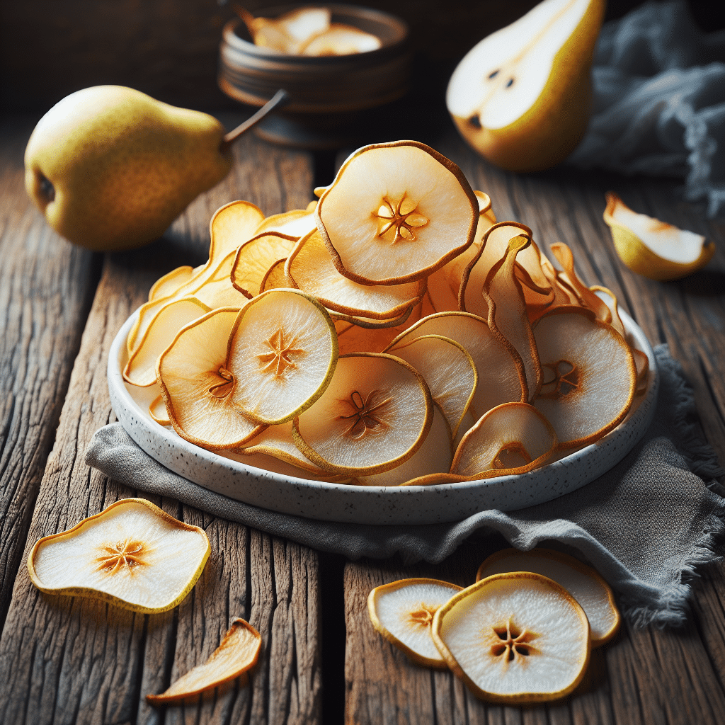 Delicious pear chips showcasing their crunchy texture and natural sweetness, perfect for a healthy snack.