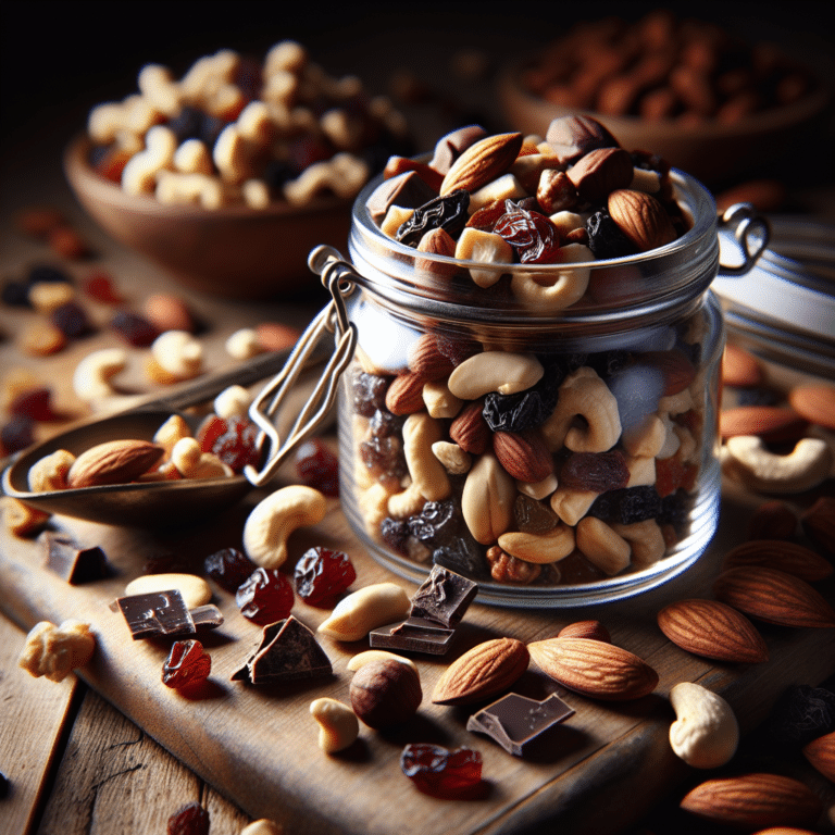Colorful assortment of homemade trail mix featuring nuts, dried fruits, and chocolate pieces in a rustic wooden bowl on a textured cloth.