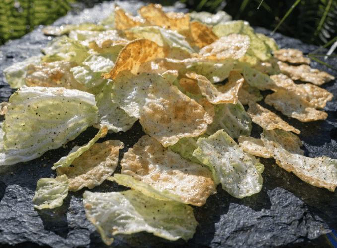 Pile of salted potato chips scattered on a dark rock outdoors.