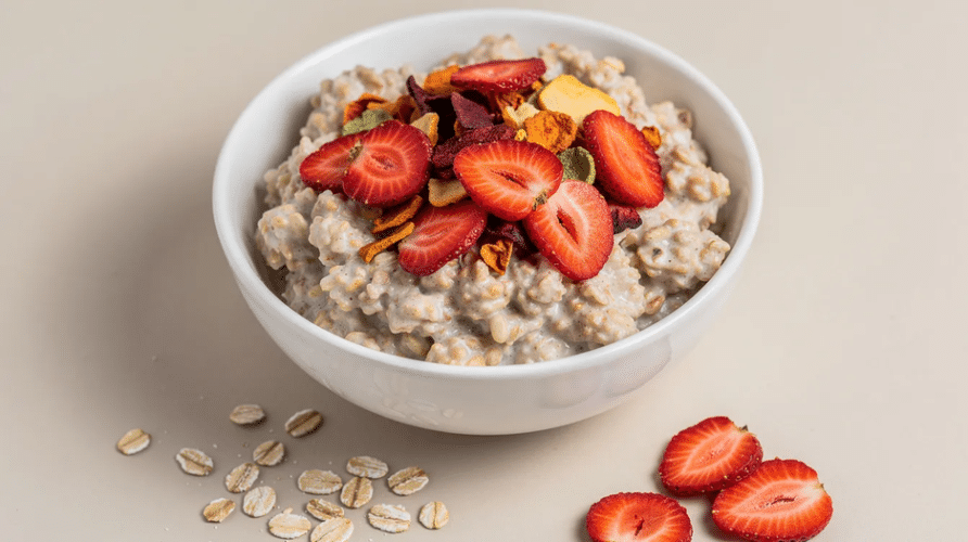 A bowl of gluten-free oatmeal is topped with colorful dehydrated fruits, including strawberries, providing a hearty meal option. This nutritious dish is perfect for those following a restricted diet and can easily be prepared by adding cold water or boiling water for a delicious, flavorful breakfast.