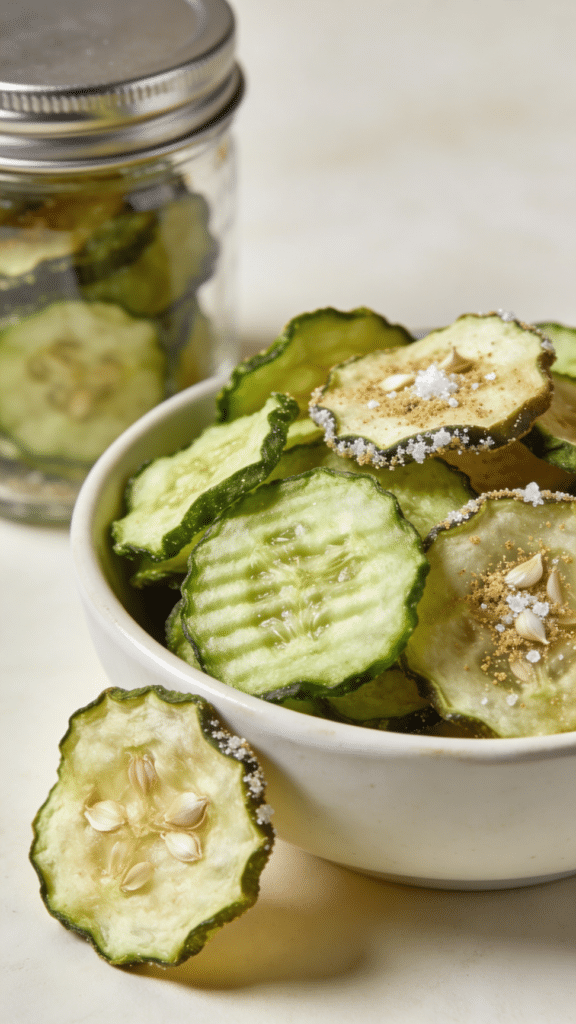 The image showcases a variety of dehydrated cucumber chips arranged in a bowl, highlighting their crunchy texture and vibrant color. Some cucumber slices are seasoned with garlic powder and sea salt, demonstrating a healthy snack option that can be stored in an airtight container for long-term preservation.