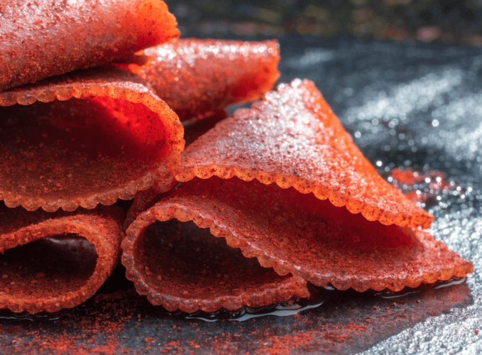 Stack of red sugar-coated wafer cookies curled into ribbons on a dark surface.