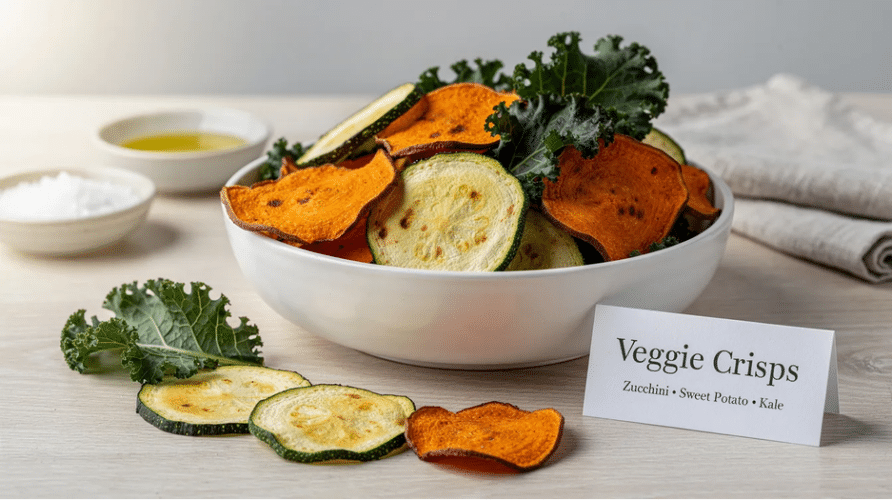 The image features a colorful assortment of veggie crisps made from dehydrated zucchini, sweet potatoes, and kale, showcasing their crispy texture and vibrant colors. This gluten-free snack is perfect for those following a restricted diet, offering a delicious and nutritious option for meals or trail adventures.