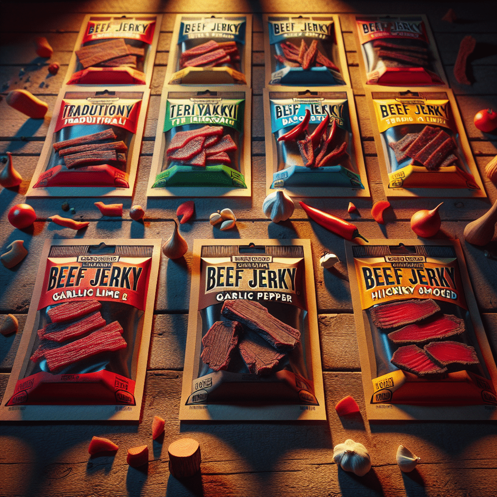 different beef jerky flavors stacked next to other.