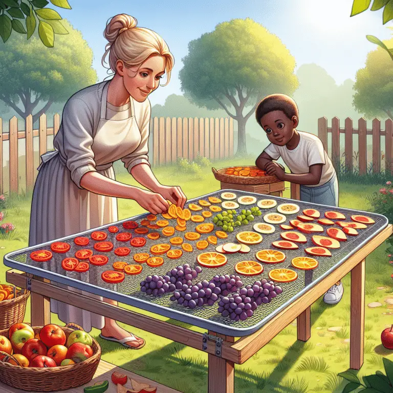 An assortment of sun-dried fruits and vegetables displayed on a drying rack, showcasing the vibrant colors and textures, emphasizing the health benefits and natural preservation of sun-drying.