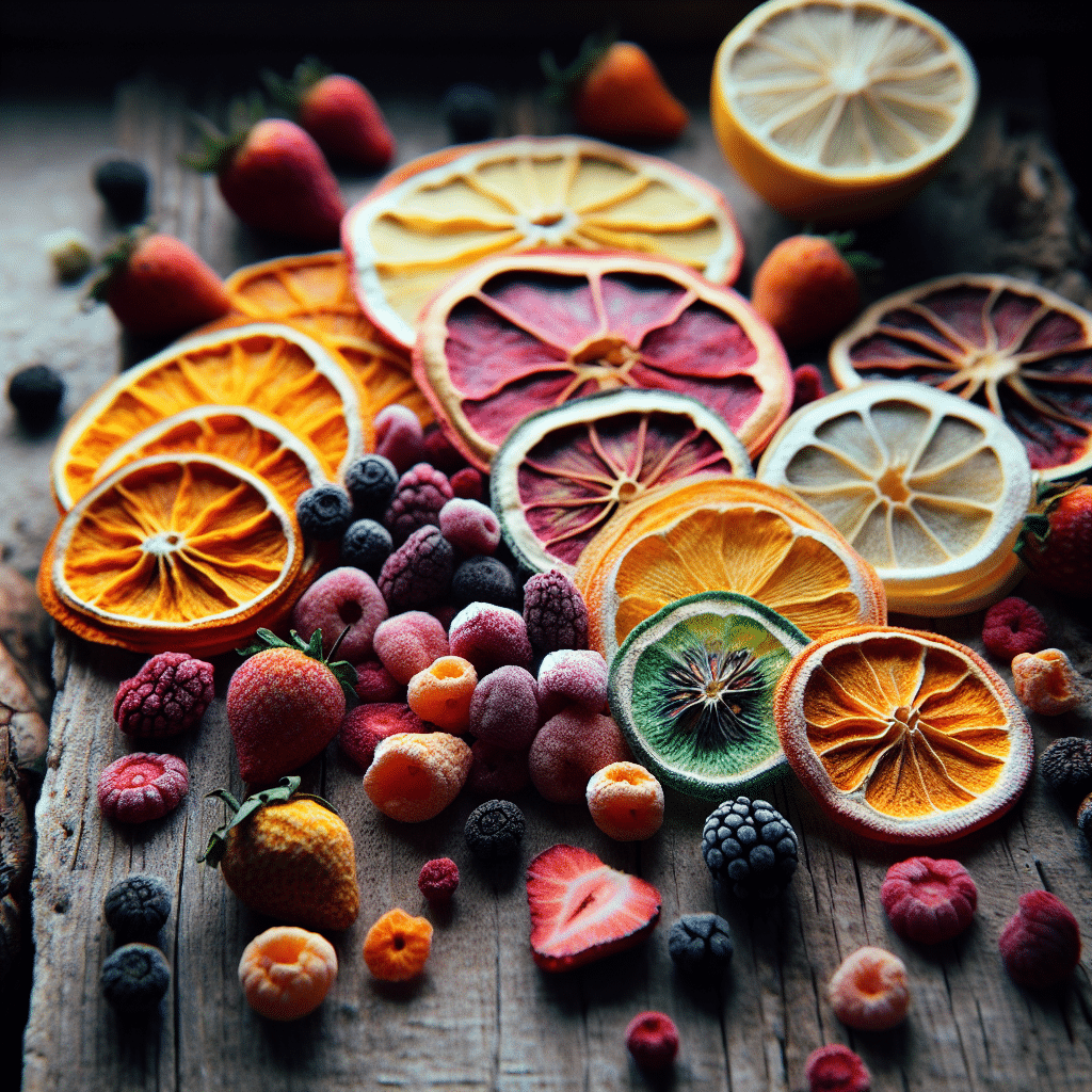 Assorted freeze-dried fruits for healthy snacking, including strawberries, bananas, apples, mangoes, blueberries, and raspberries