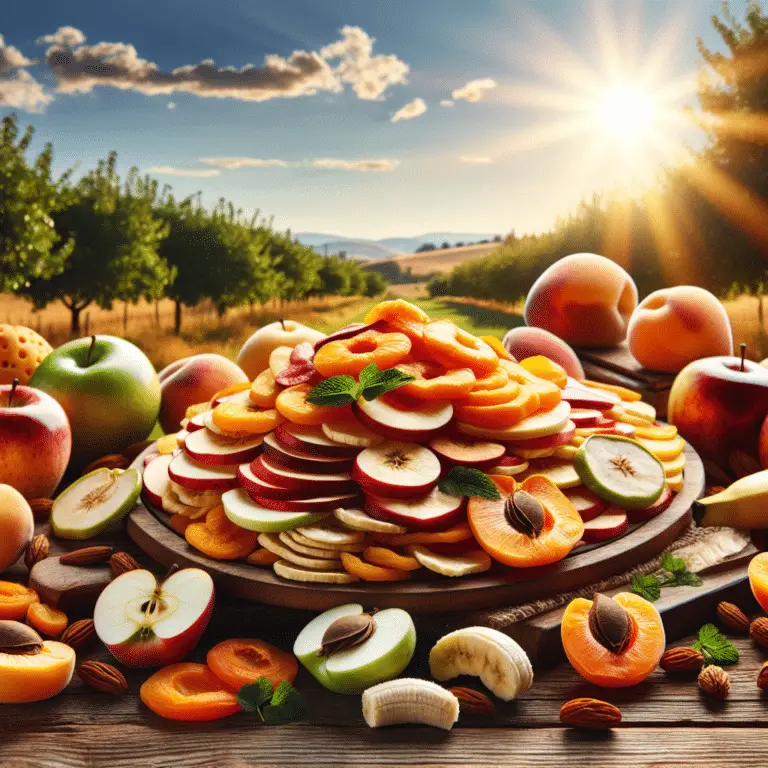 An assortment of sun-dried fruits including apples, apricots, and bananas arranged on a rustic wooden table, showcasing the vibrant colors and textures of each fruit.