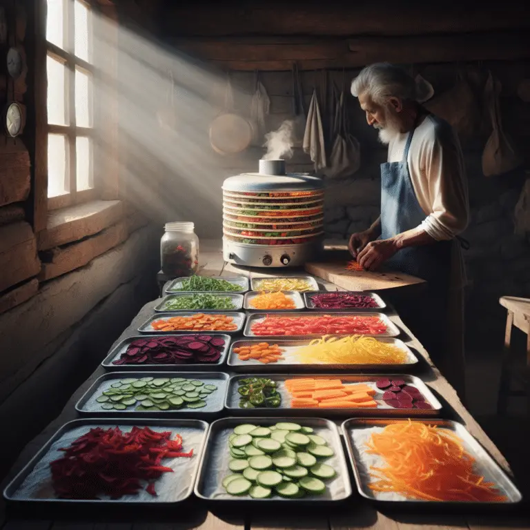 Assorted dehydrated vegetables including tomatoes, bell peppers, and carrots, showcasing the art of food preservation.