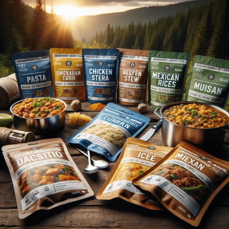 Dehydrated backpacking meals ready for preparation in the wilderness.