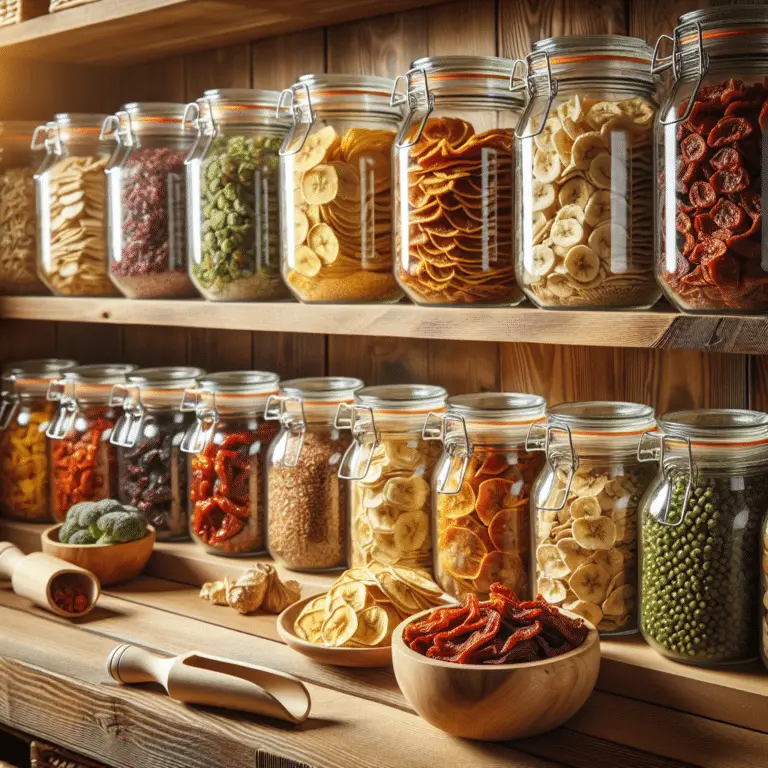 A collection of dehydrated fruits and vegetables arranged neatly in jars, showcasing various colors and textures, symbolizing the effectiveness of dehydrated food storage tips.