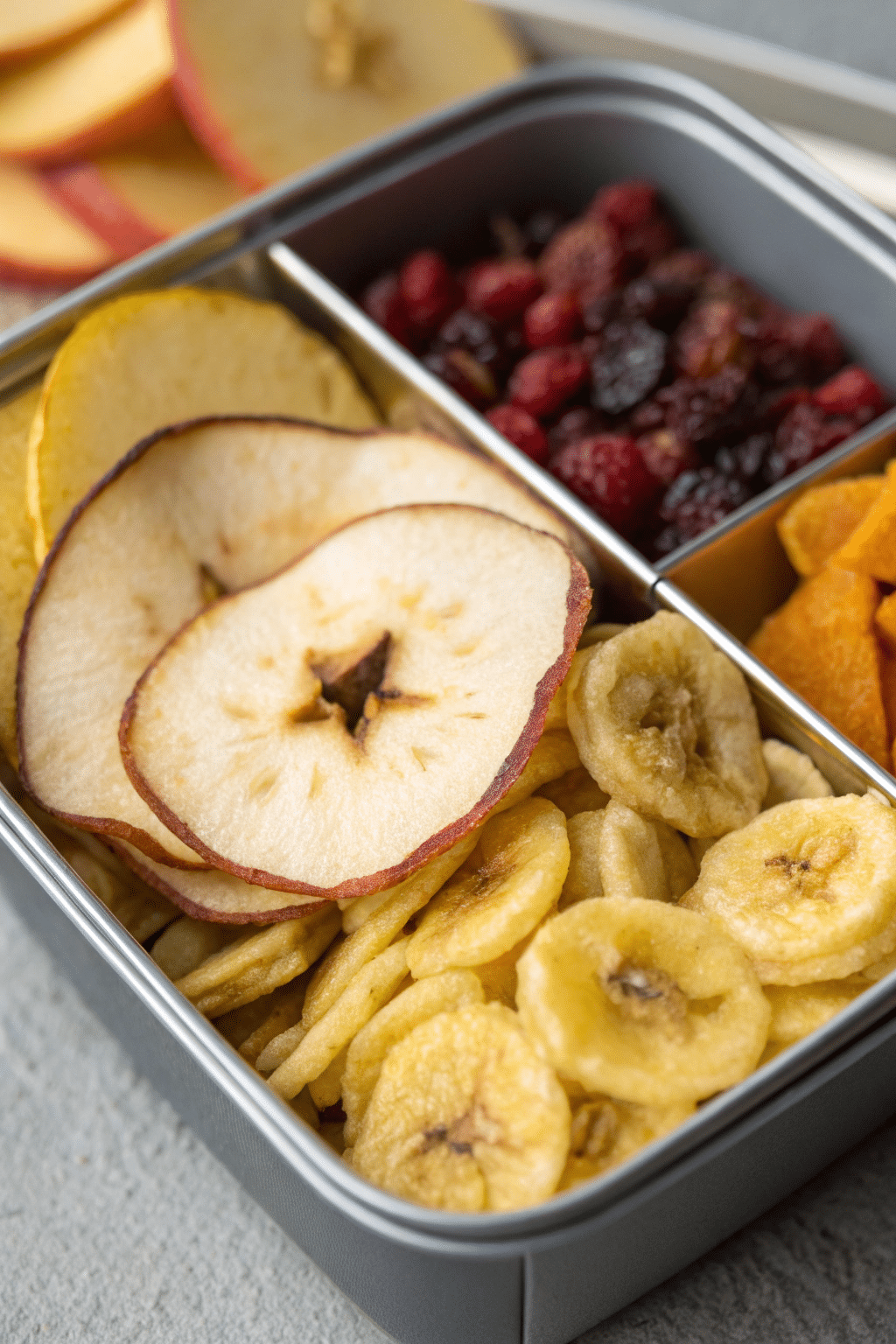 A close-up of a variety of dehydrated fruits, such as apple slices, banana chips, and dried berries, displayed in a small, portable container.