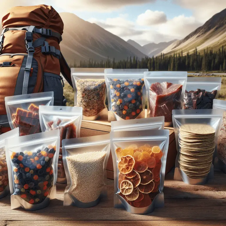 Variety of properly stored dehydrated backpacking meals in airtight containers, showcasing best practices for storage.
