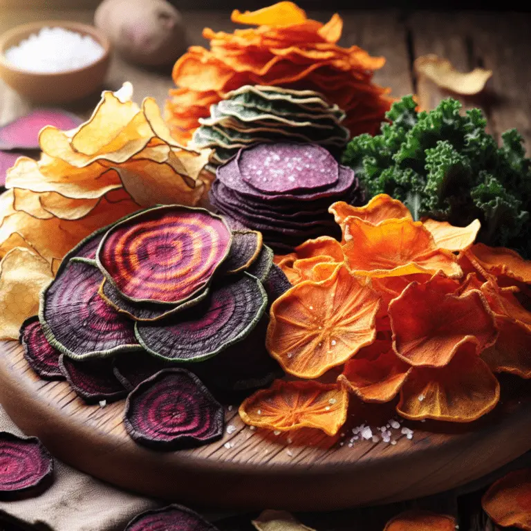 Assorted dehydrated vegetable chips displayed in a bowl, highlighting the colorful and healthy snacks.