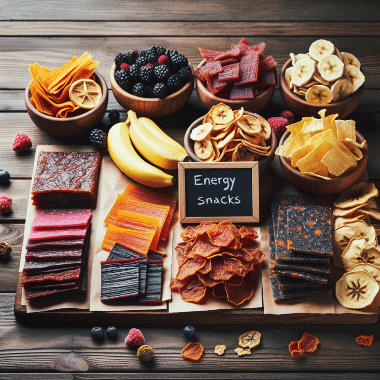 A variety of dehydrated fruits and vegetables displayed in bowls, emphasizing healthy energy-boosting snacks.