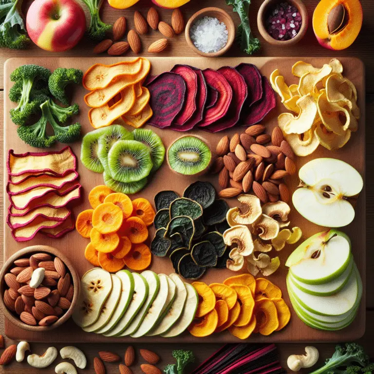 An assortment of healthy dehydrated snacks, including fruits and vegetable chips, displayed in bowls, highlighting vibrant colors and textures.