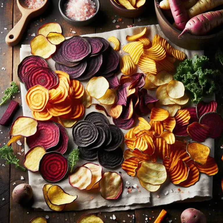 Plate of homemade vegetable chips made from sweet potatoes, beets, zucchini, and kale, showcasing a variety of colors and textures.