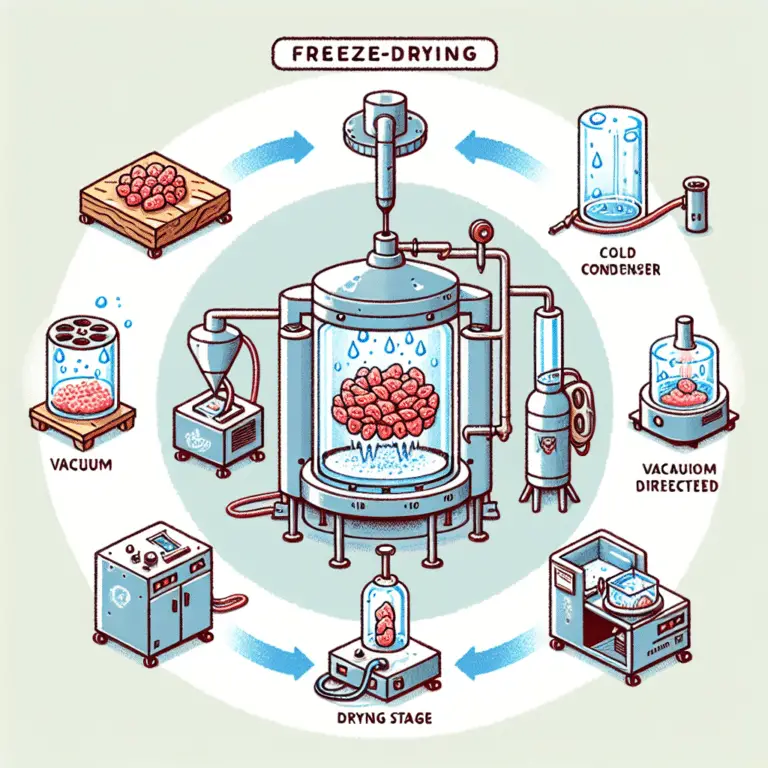 Illustration depicting the freeze-drying process, showcasing how moisture is removed from food through sublimation.