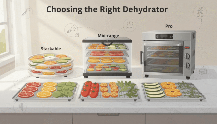 The image illustrates various food dehydrators displayed on a countertop, highlighting their different designs and features. It emphasizes the importance of energy efficiency and power consumption, showcasing how these appliances can help preserve foods while being economical on electricity usage.