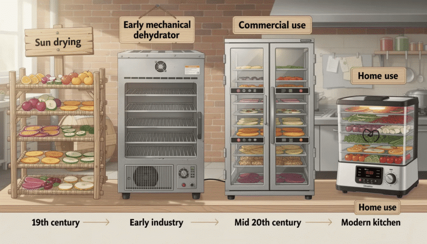 The image depicts a vintage food dehydrator, showcasing its box-like design that utilizes warm air circulation to effectively remove moisture from various foods, including fruits, vegetables, herbs, and meats. This evolution in food preservation technology highlights how early bulky units have transformed into more compact and user-friendly models suitable for modern kitchens.