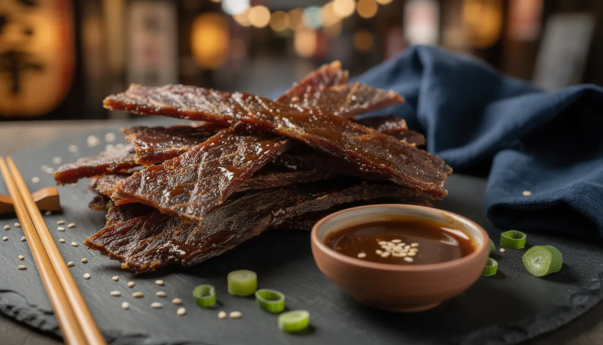 The image showcases a delicious array of teriyaki beef jerky, featuring glossy pieces that highlight the sweet and savory teriyaki glaze. This snack, a fusion of East meets West, promises a delightful taste adventure with its sticky texture and rich flavors, perfect for fans of unique beef jerky options.