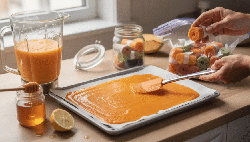 The image depicts homemade fruit leather made from blended cantaloupe and other fruits, spread evenly on dehydrator trays lined with parchment paper. The dried fruit leather is rolled up and stored in an airtight container, showcasing a healthy snack rich in vitamin C and antioxidants.