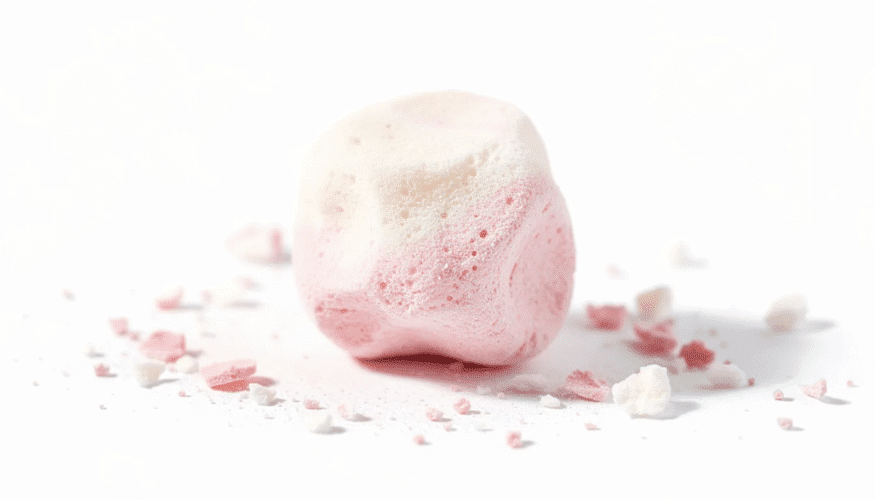 The image shows a close-up of dehydrated yogurt bites arranged neatly on a plate, showcasing their small, melt-in-your-mouth texture. These nutritious snacks, made from homemade yogurt, are perfect for babies and feature a light, sweet flavor.