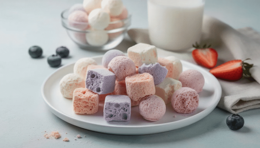 The image features a collection of dehydrated yogurt bites, displayed in a clear airtight container, showcasing small drops that resemble homemade yogurt melts. These nutritious snacks are perfect for babies and offer a melt-in-your-mouth texture, making them a healthy option for little ones.