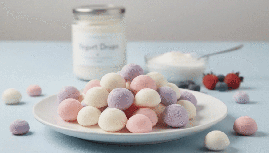 The image features a collection of ready-made dehydrated yogurt drops, displayed in a clear airtight container. These small, melt-in-your-mouth yogurt bites are a nutritious and healthy snack option, perfect for babies and adults alike.