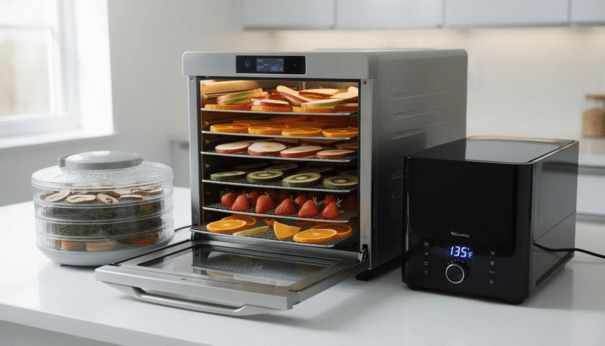 The image features various food dehydrators lined up on a countertop, showcasing their sleek designs and temperature settings. These kitchen appliances are designed to efficiently remove moisture from fruits, vegetables, and meats, preserving foods for longer shelf life while being mindful of power consumption and electricity costs.