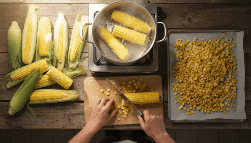 The image shows fresh corn on the cob, ready for the drying process. After blanching, the corn kernels are prepared for dehydration, ensuring they retain their flavor and texture as they become dried corn kernels.