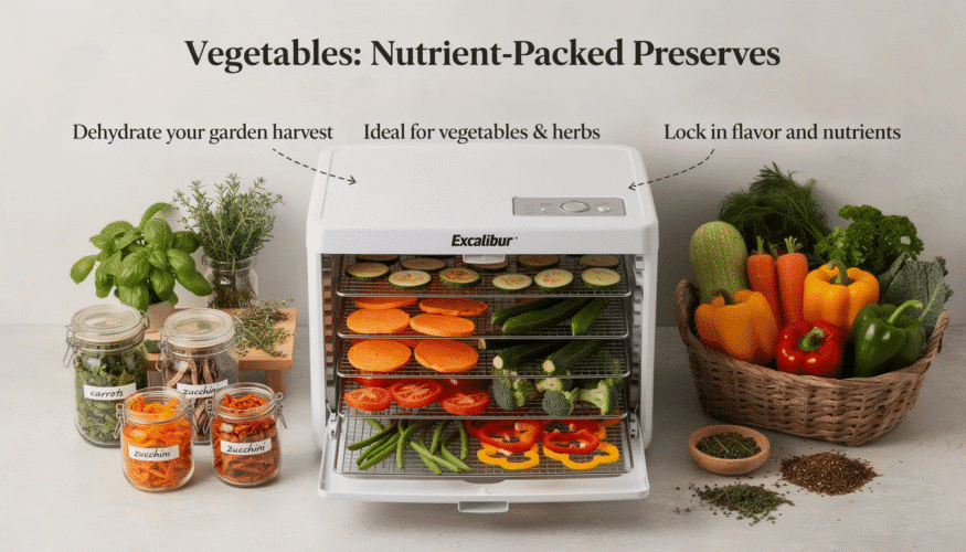 An array of vibrant, nutrient-packed vegetables such as carrots and bell peppers is displayed in an Excalibur dehydrator, demonstrating the food preservation process. The adjustable thermostat and horizontal airflow design ensure low temperatures preserve nutrients while effectively removing moisture for optimal dehydration.