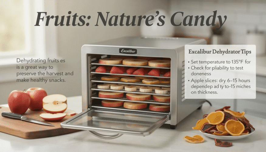 The image depicts an assortment of colorful fruits arranged neatly, showcasing the process of dehydrating fruits in an Excalibur dehydrator. The fruits are displayed on trays, emphasizing the importance of maintaining low temperatures to preserve nutrients while ensuring proper drying times for optimal flavor and texture.