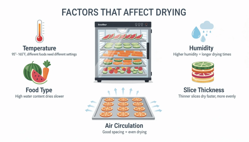 The image illustrates various factors affecting the drying process in the Excalibur 3900b food dehydrator, including temperature settings ranging from 95 to 165 degrees Fahrenheit, humidity levels, and the thickness of food slices. These elements play a crucial role in ensuring proper dehydration, allowing for effective food preservation while maintaining nutrients and flavor.