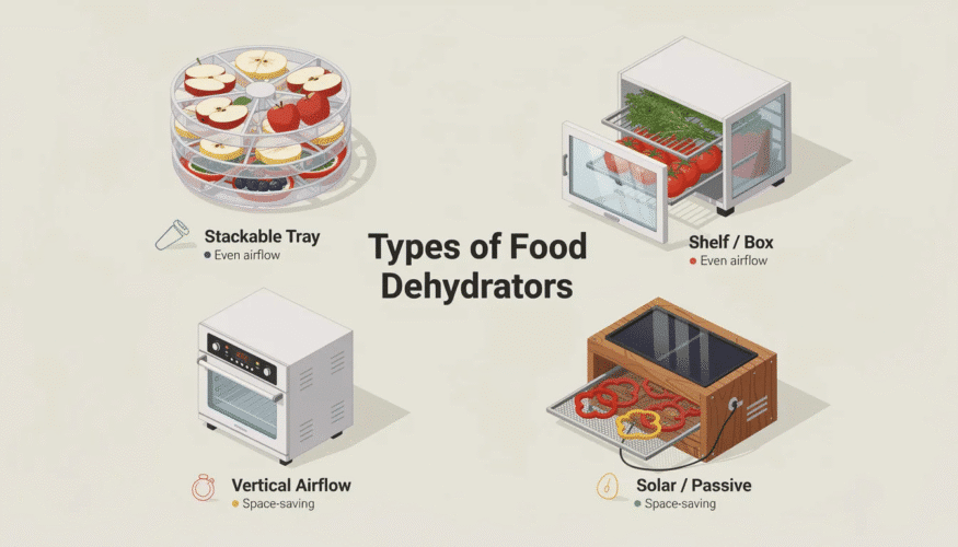 The image displays various types of food dehydrators, showcasing models made of stainless steel and plastic, equipped with adjustable thermostats and digital control panels. These dehydrators are designed for preserving food, allowing users to create dehydrated foods like beef jerky, apple chips, and fruit leather, while featuring options for additional trays and temperature controls for optimal drying processes.