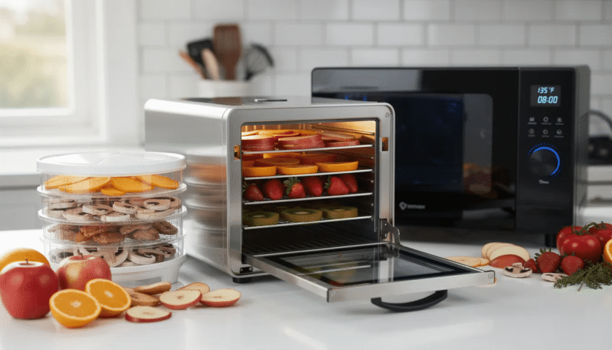 The image showcases a variety of food dehydrators, including stainless steel models and electric dehydrators, designed for preserving food such as dried fruits, beef jerky, and kale chips. Some units feature a digital control panel, adjustable thermostat, and extra trays for enhanced drying capacity, making them ideal for creating homemade snacks and long-term storage of dehydrated foods.